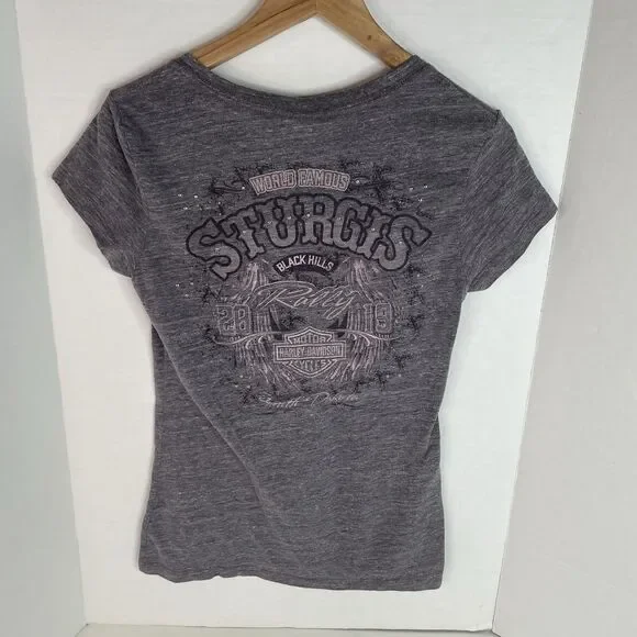 Harley Davidson Women’s V Neck T Shirt Size Small, Grey Sturgis Rally SD 2019 - Picture 2 of 7